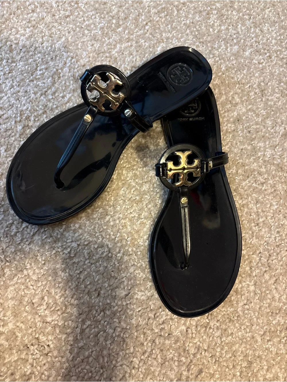Tory Burch mini Miller Jelly Thong Sandals in Black with Gold Logo